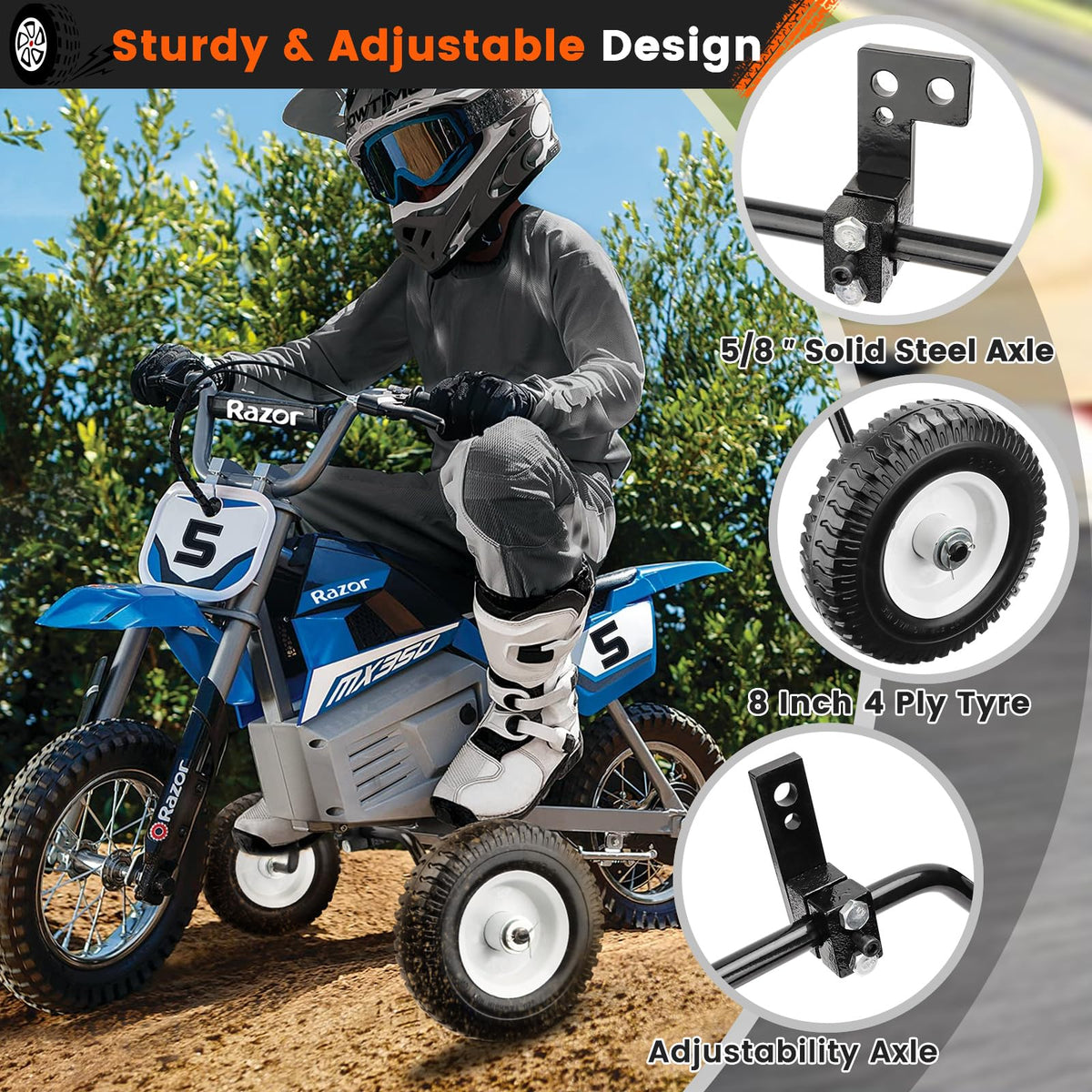 Worcest training wheels installed on Razor MX350 demonstrating easy fit and improved control