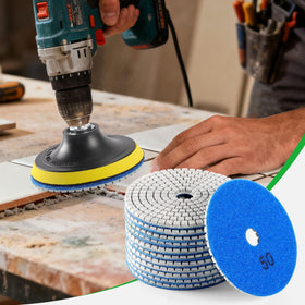 WORKEASE pad mounted on angle grinder polishing granite countertop for fast material removal