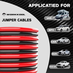 WORKKOOL cables attached to a car battery demonstrating fast roadside starting