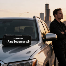 WORKKOOL tools in a car trunk during retrieval work emphasizing portability