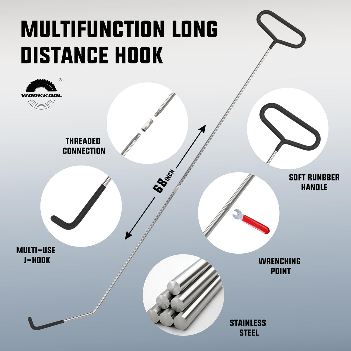 WORKKOOL close-up of stainless steel 68-inch long-reach hook highlighting durability