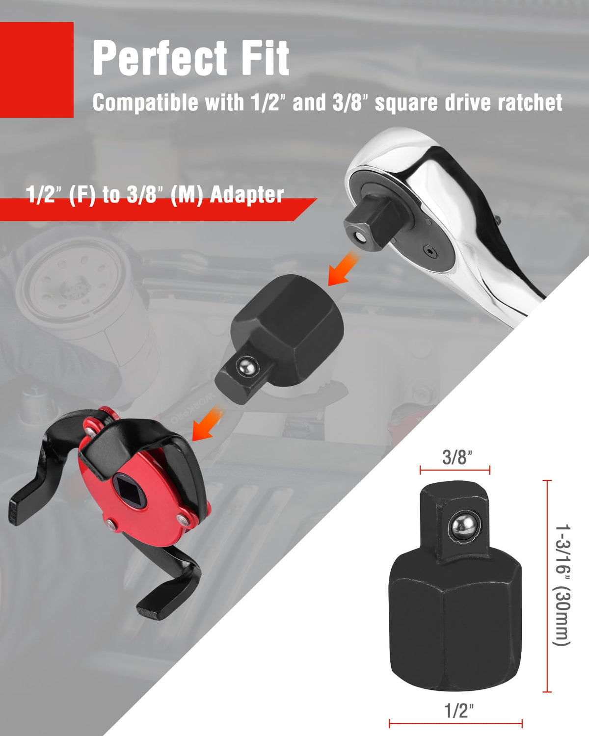 WORKPRO plier removing filter in tight engine bay illustrating fit in confined spaces