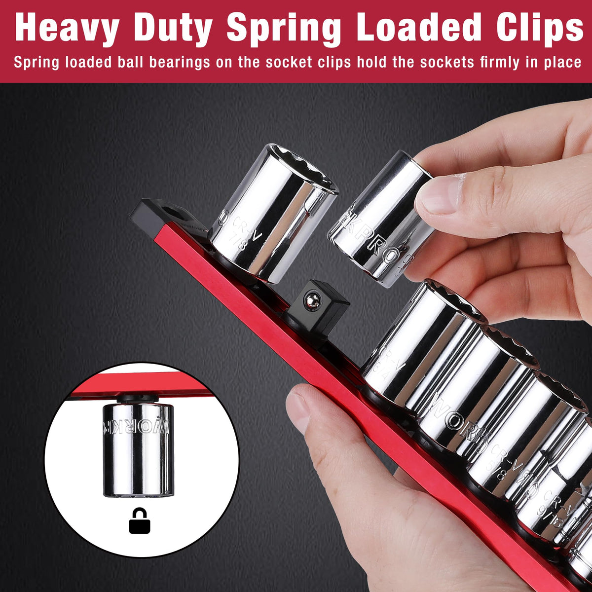 WORKPRO rotating clip turned to show socket size for quick identification
