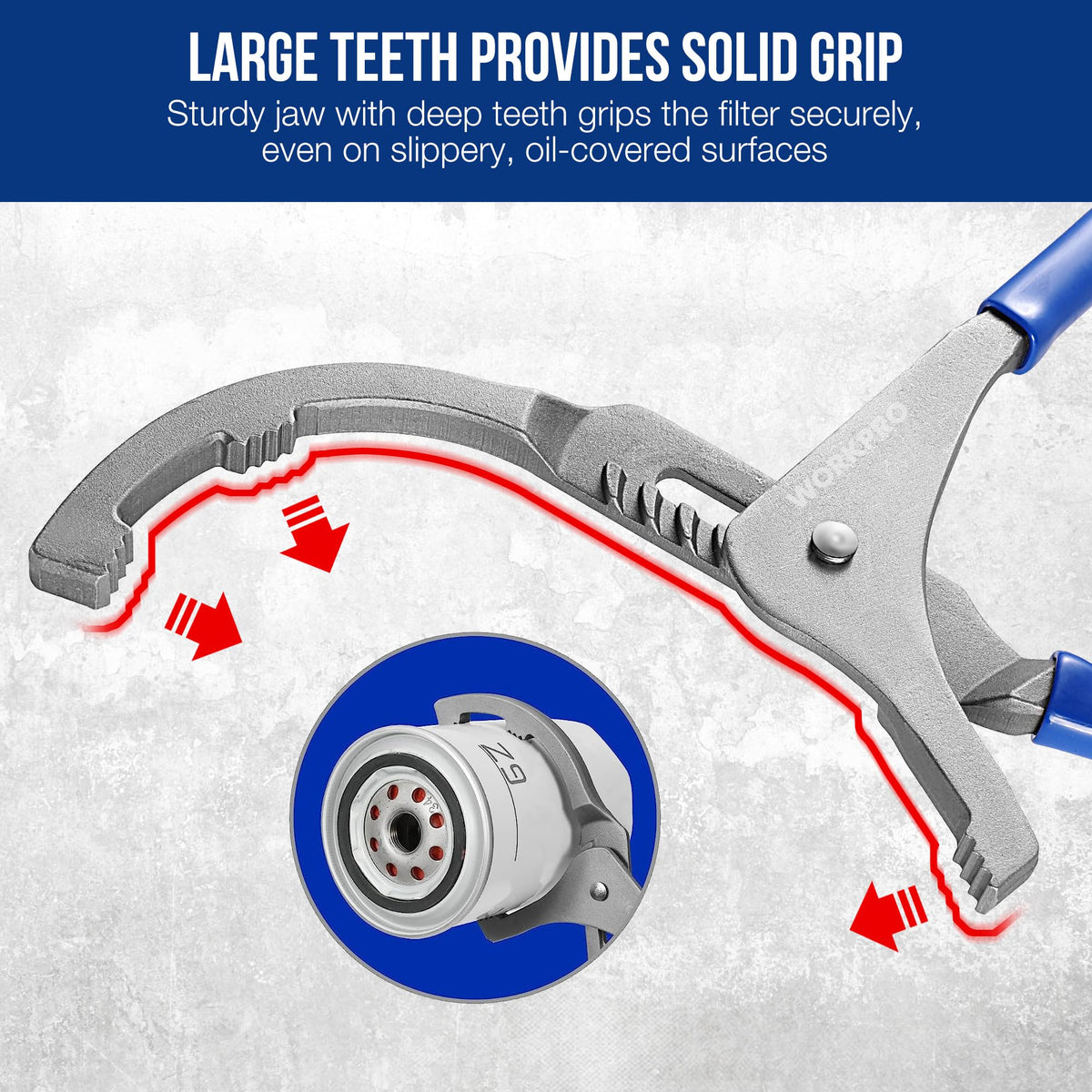 WORKPRO close-up of serrated jaws showing bite for secure filter grip