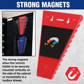 WORKPRO close-up of rare-earth magnets securing wrenches for stable holding
