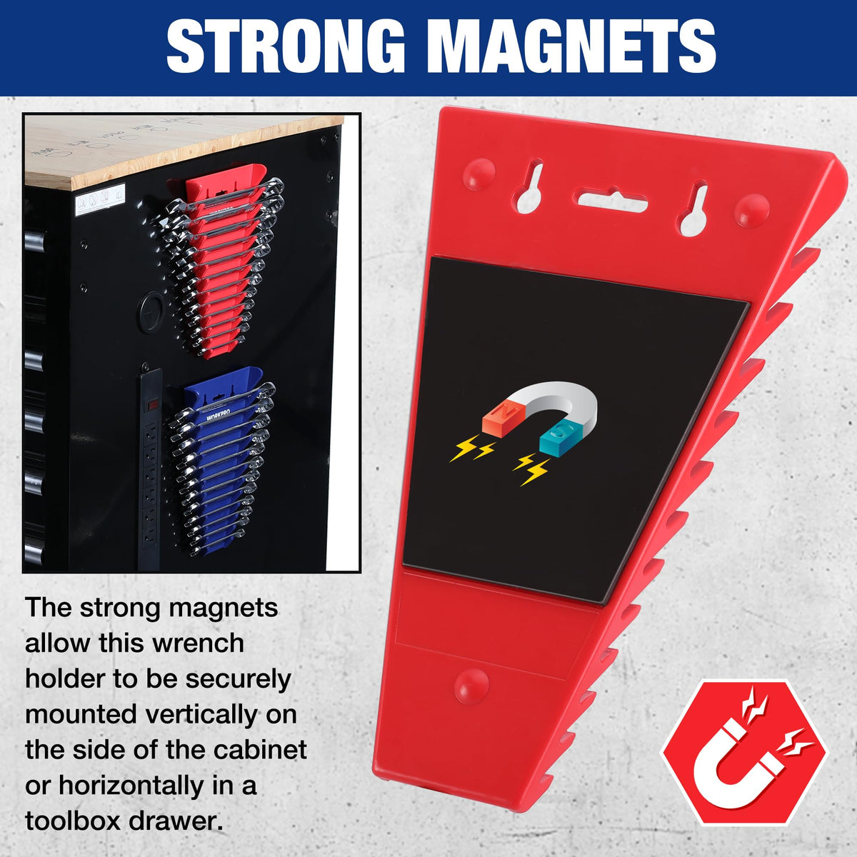 WORKPRO close-up of rare-earth magnet securing organizer for stable placement