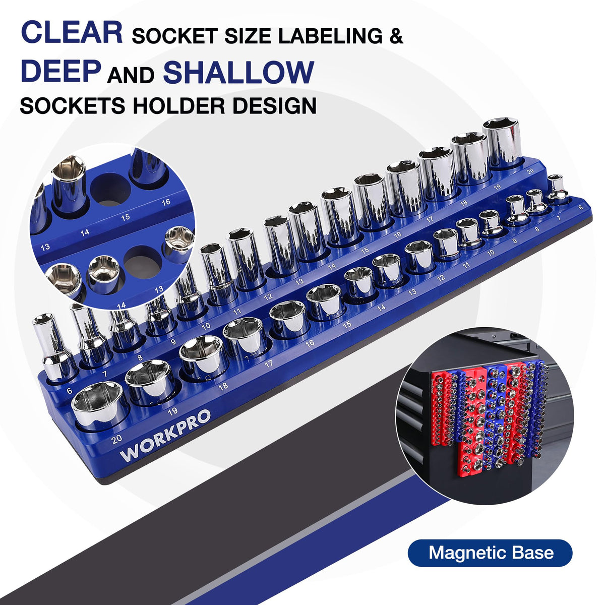 WORKPRO organizers laid flat inside a drawer to show neat socket storage