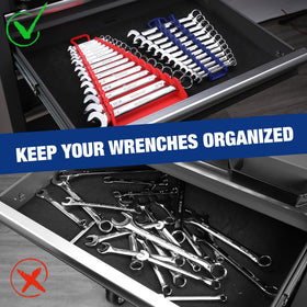 WORKPRO compact profile inside a drawer saving bench space and keeping wrenches organized