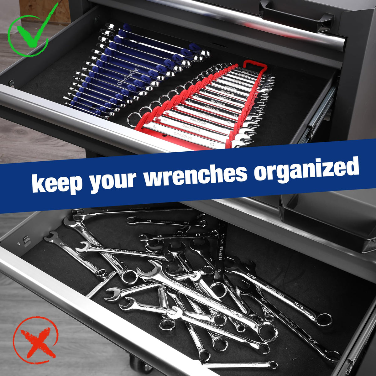 WORKPRO blue and red holders side by side for color-coded tool separation and workflow clarity