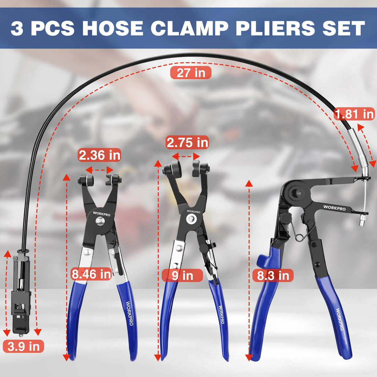 WORKPRO flat band hose clamp pliers close-up showing jaw profile and secure grip