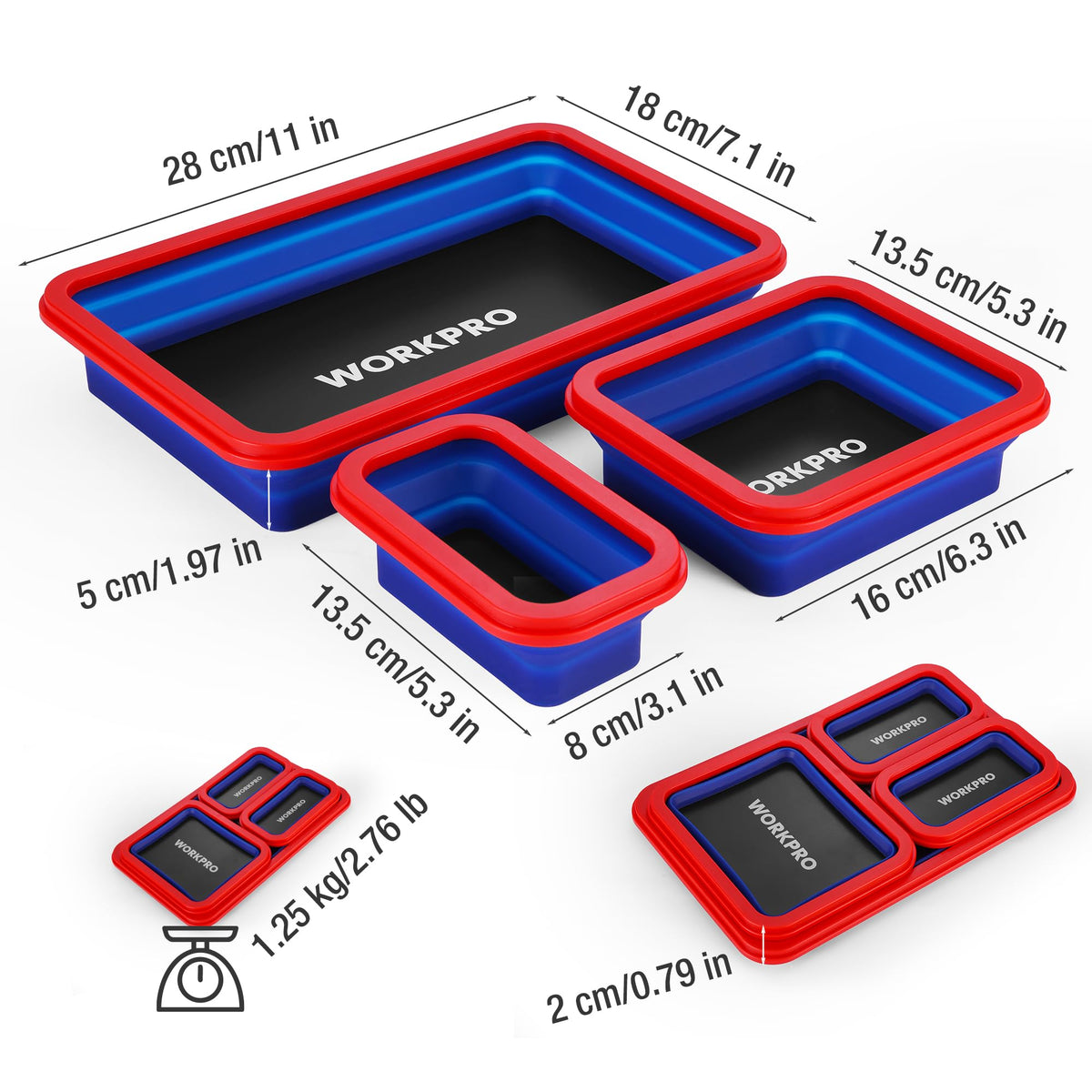 WORKPRO trays collapsed flat inside drawer for space-saving storage