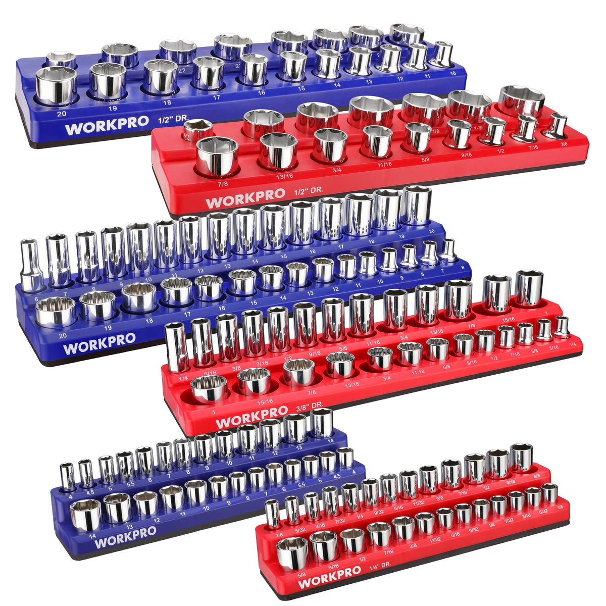 WORKPRO front view of six-piece socket organizer set showing color coding and capacity