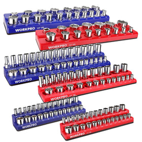 WORKPRO front view of six-piece socket organizer set showing color coding and capacity