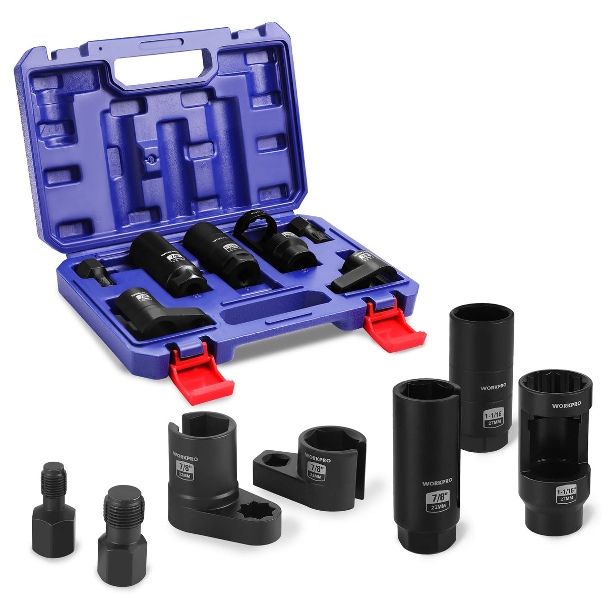 WORKPRO front packaging view showing full 7pcs sensor socket set and compact storage