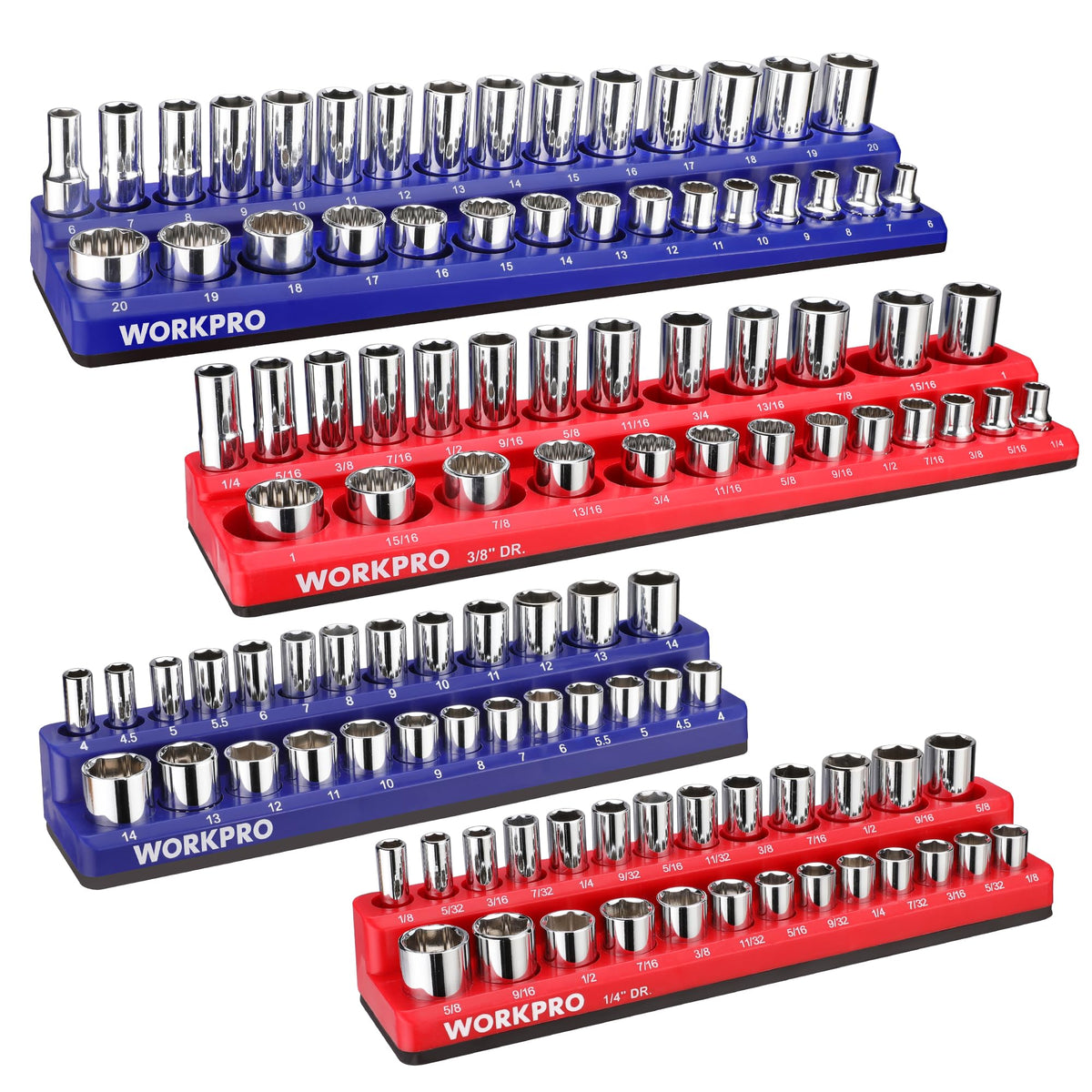 WORKPRO front view of 4-piece magnetic socket organizer set showing color-coded trays and capacity benefit