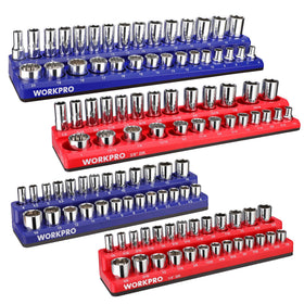 WORKPRO front view of 4-piece magnetic socket organizer set showing color-coded trays and capacity benefit