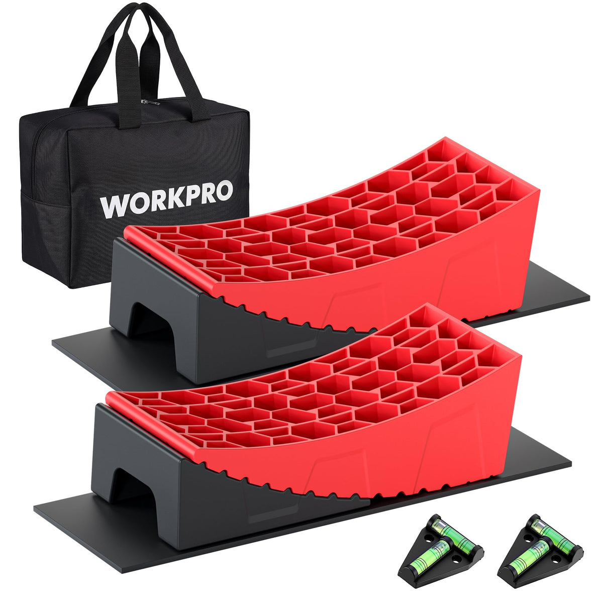 WORKPRO front packaging showing full leveling kit for easy transport benefit