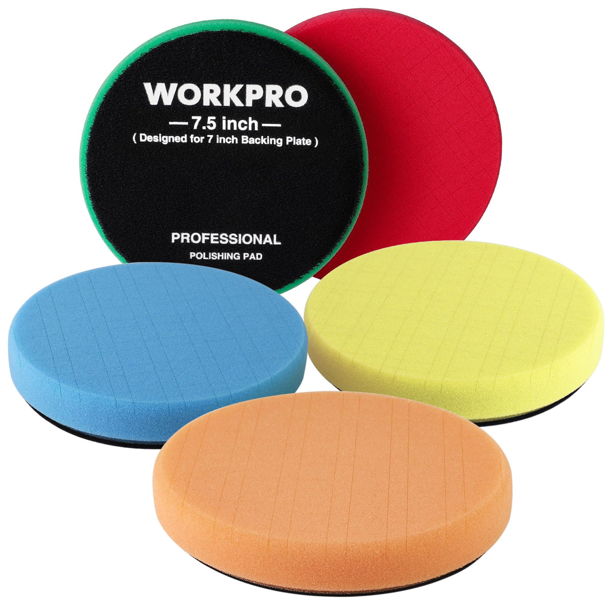 WORKPRO front view of five buffing pads showing packaging and fit benefits