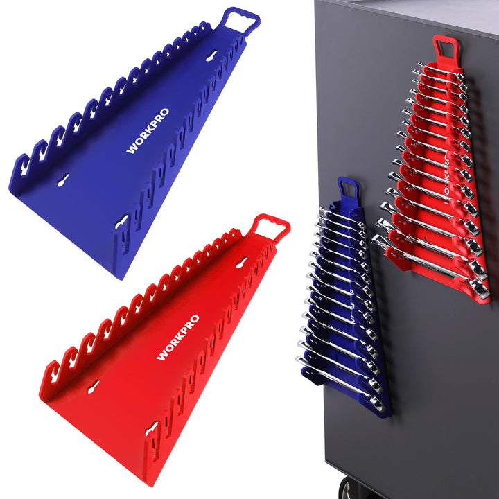 WORKPRO front view of two-pack wrench organizers showing capacity and colors, improves workspace order