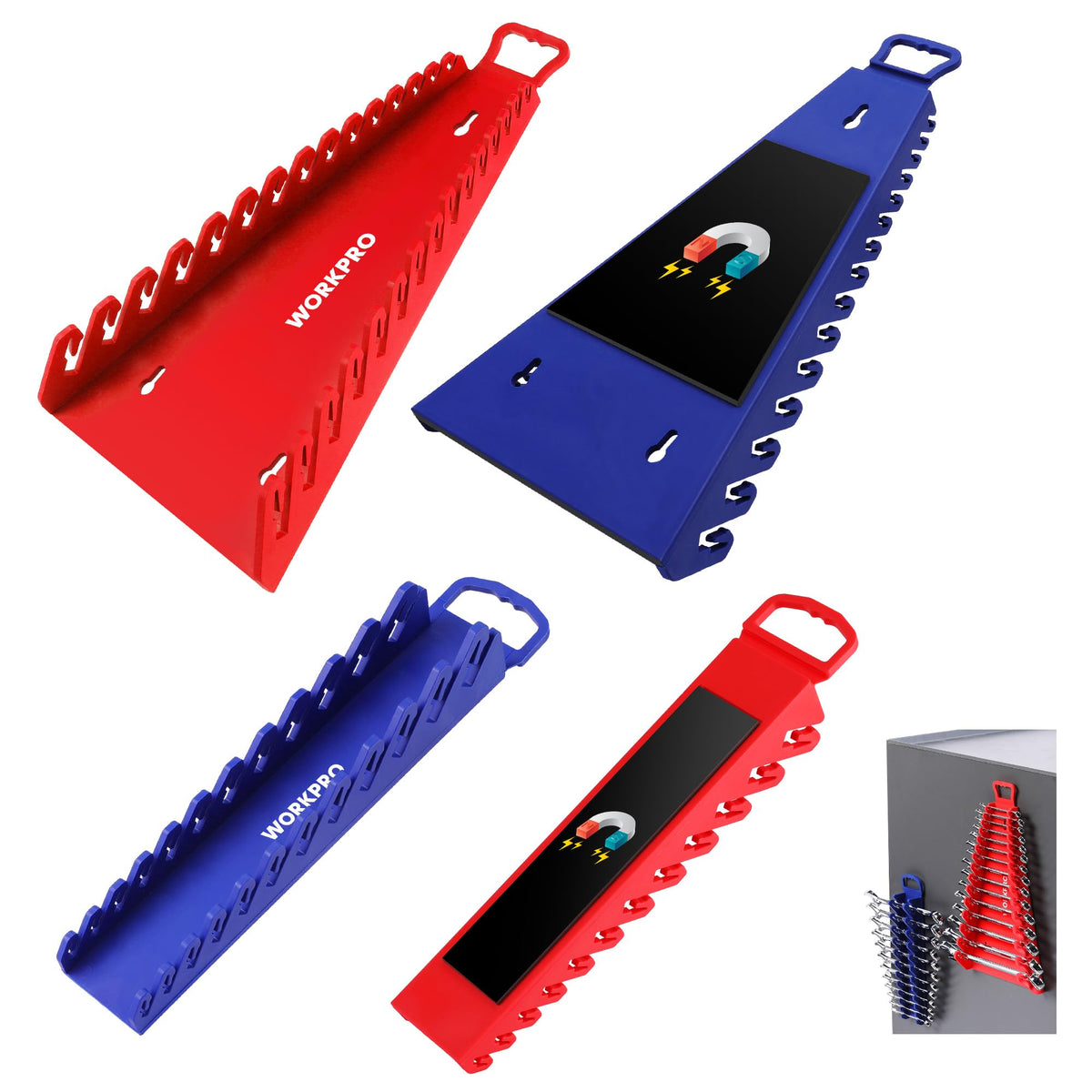 WORKPRO front view of 4-pack magnetic wrench organizers showing two 15-slot and two 12-slot holders for quick sorting