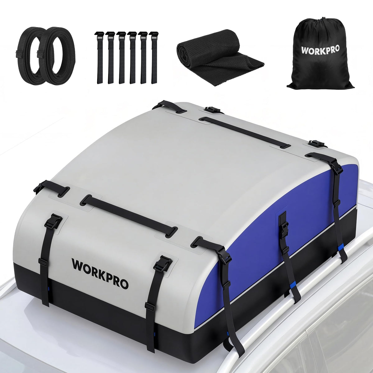 WORKPRO front view on car showing secure rooftop storage and added luggage capacity
