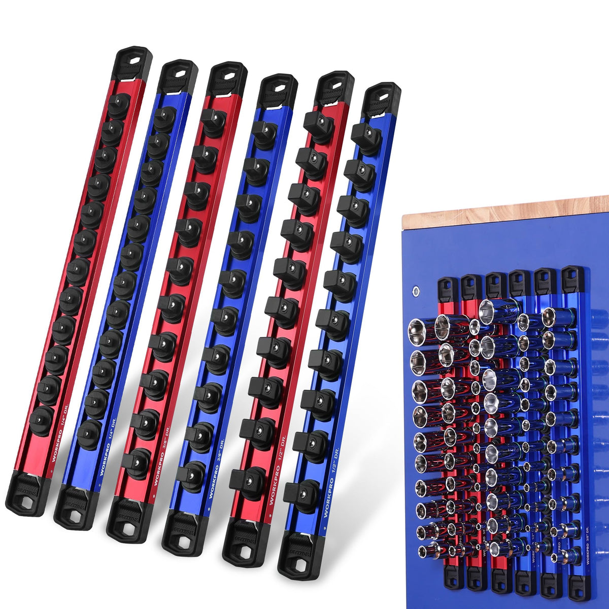 WORKPRO front view packed rails showing organized sockets and space-saving benefit