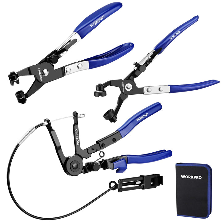 WORKPRO pouch open with three pliers organized for quick access and transport