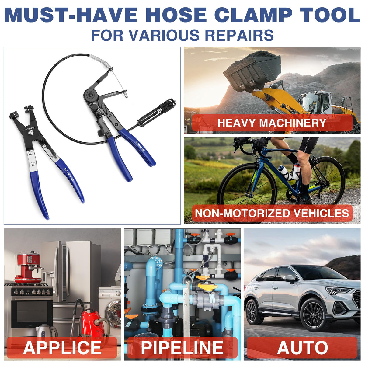 WORKPRO pliers in use in an engine bay for easier clamp reach