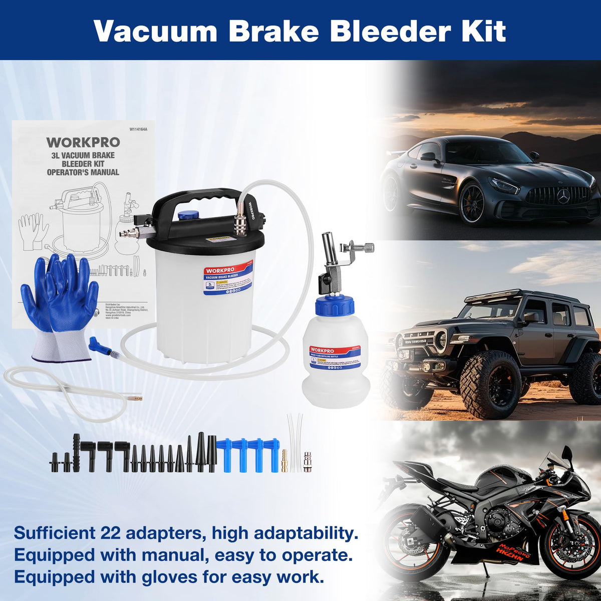 WORKPRO kit in use on a car brake caliper demonstrating one-person bleeding convenience