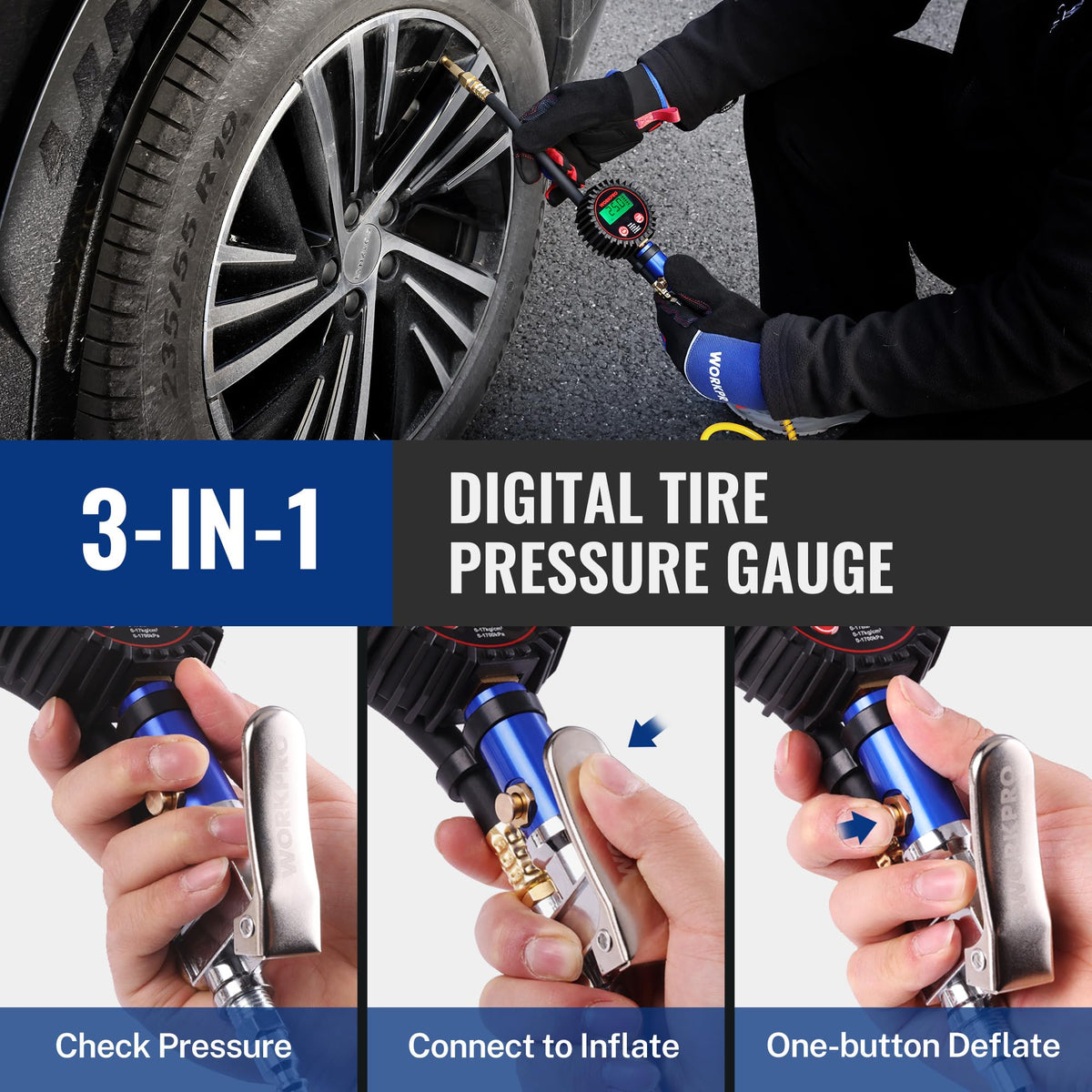 WORKPRO inflator connected to tire demonstrating easy inflation