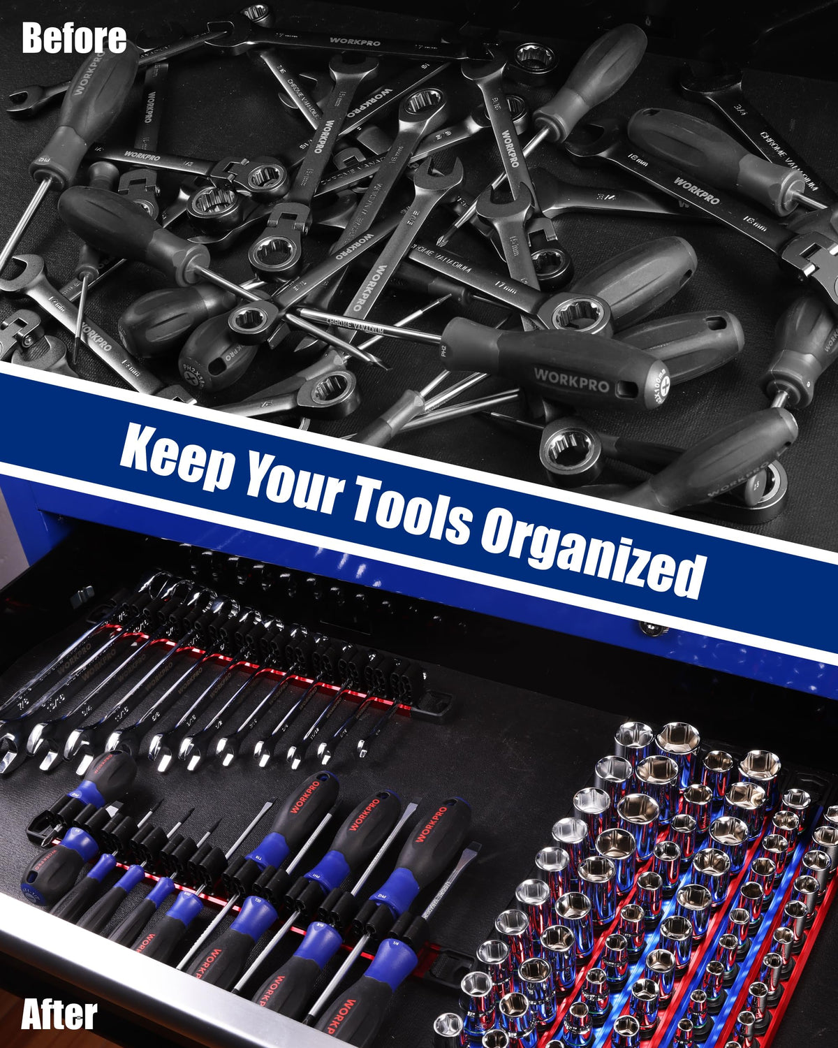 WORKPRO magnetic rail attached to tool chest demonstrating strong adhesion