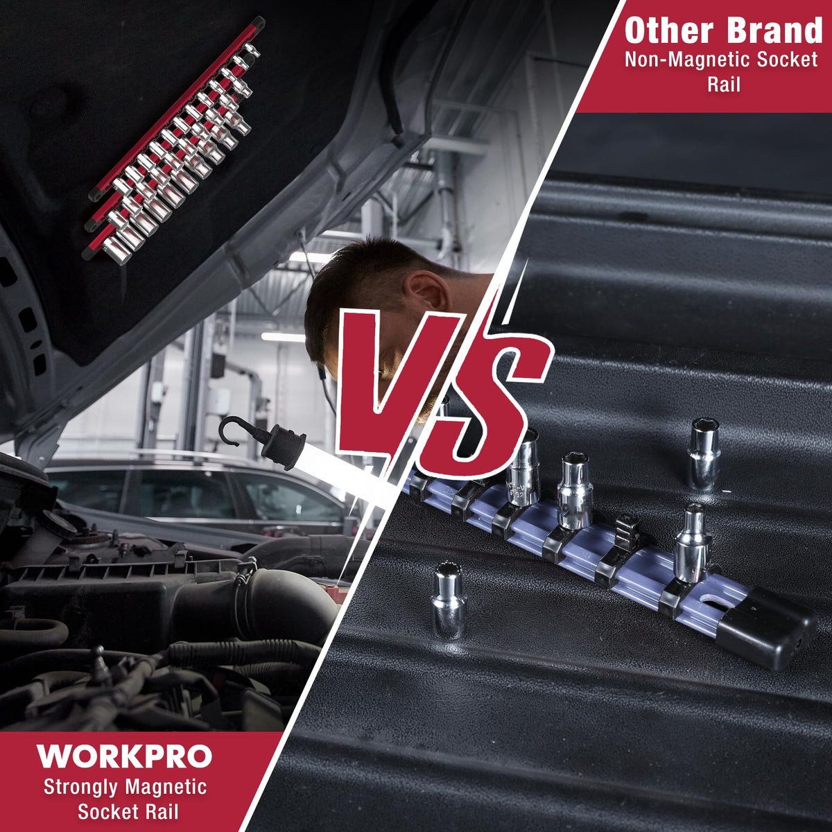 WORKPRO view of magnetic rail underside attaching firmly to steel surface