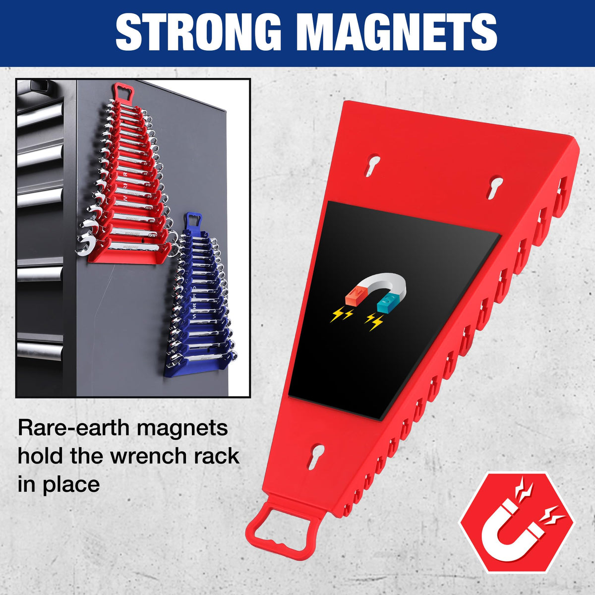 WORKPRO magnetic base attached to steel toolbox, provides secure hold during use