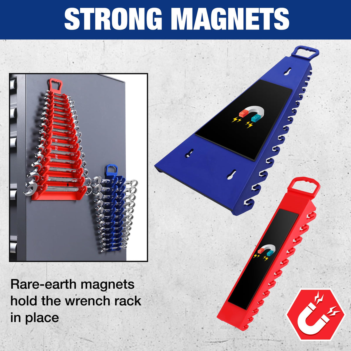 WORKPRO magnetic base attached to steel toolbox offering stable, no-slip storage during transport