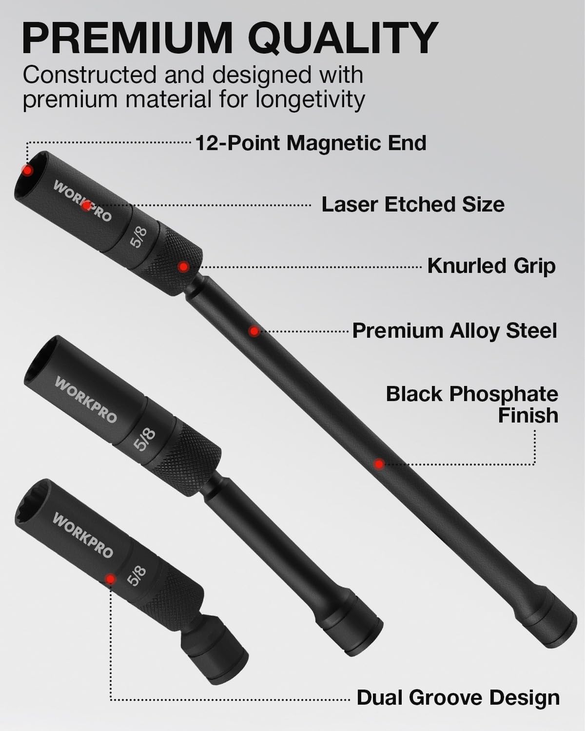 WORKPRO detail of built-in magnetic core holding a spark plug securely to prevent drops