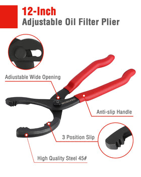 WORKPRO plier jaw close-up showing serrated teeth for secure grip on oily filters