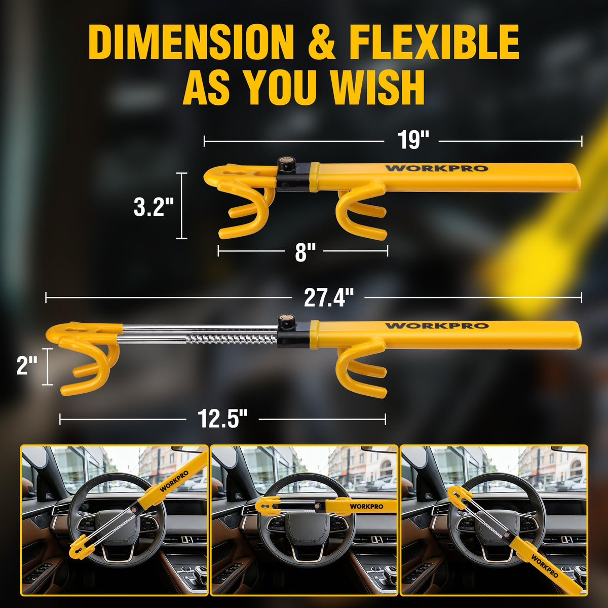 WORKPRO yellow PVC-coated bar protecting wheel finish and visibility