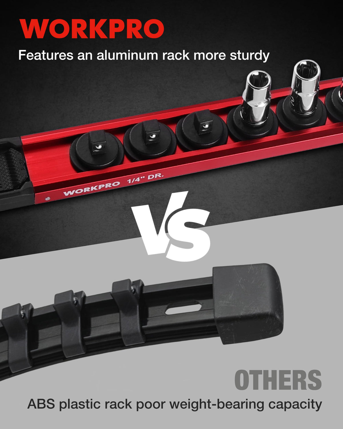 WORKPRO rotated clip showing laser-etched socket sizes for quick identification