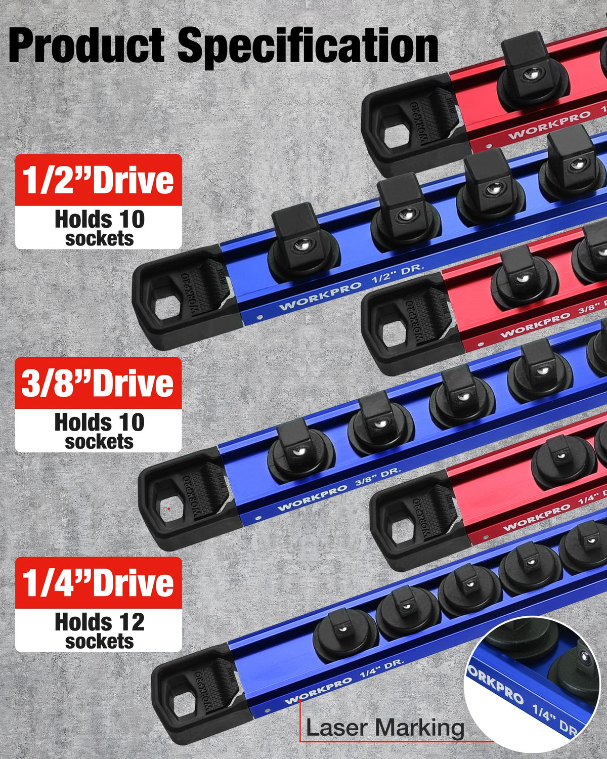 WORKPRO scale comparison with hand to show rail length and socket capacity