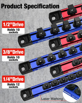 WORKPRO scale comparison with hand to show rail length and socket capacity