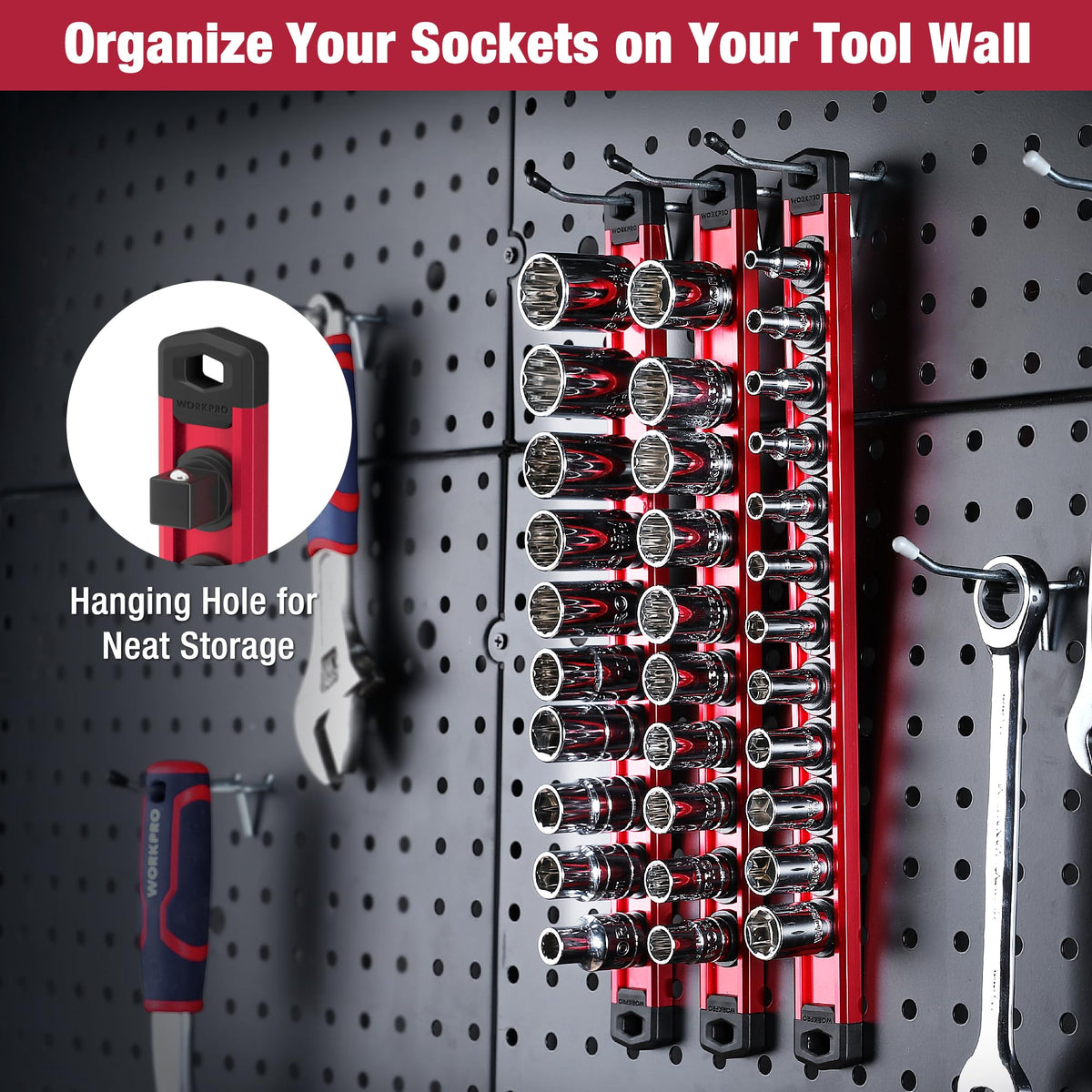WORKPRO rails next to ruler showing 13.2-inch length and capacity