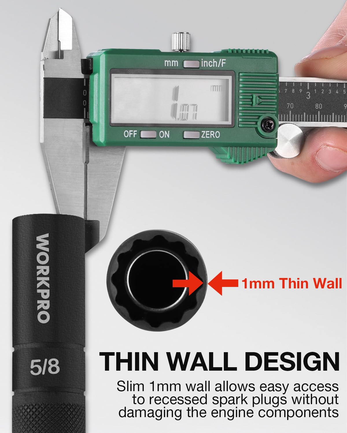 WORKPRO comparison of short and long sockets to show scale and reach options for plugs
