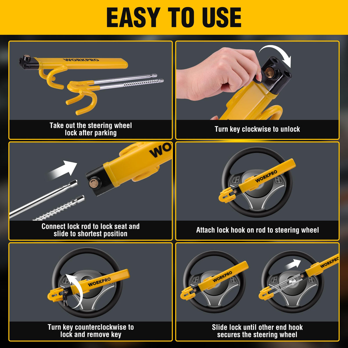WORKPRO lock beside key showing adjustable length and scale