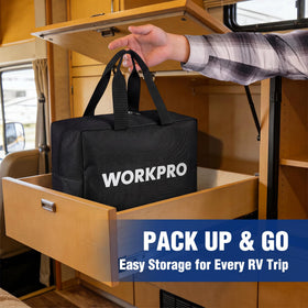 WORKPRO block next to a hand showing scale for compact portability