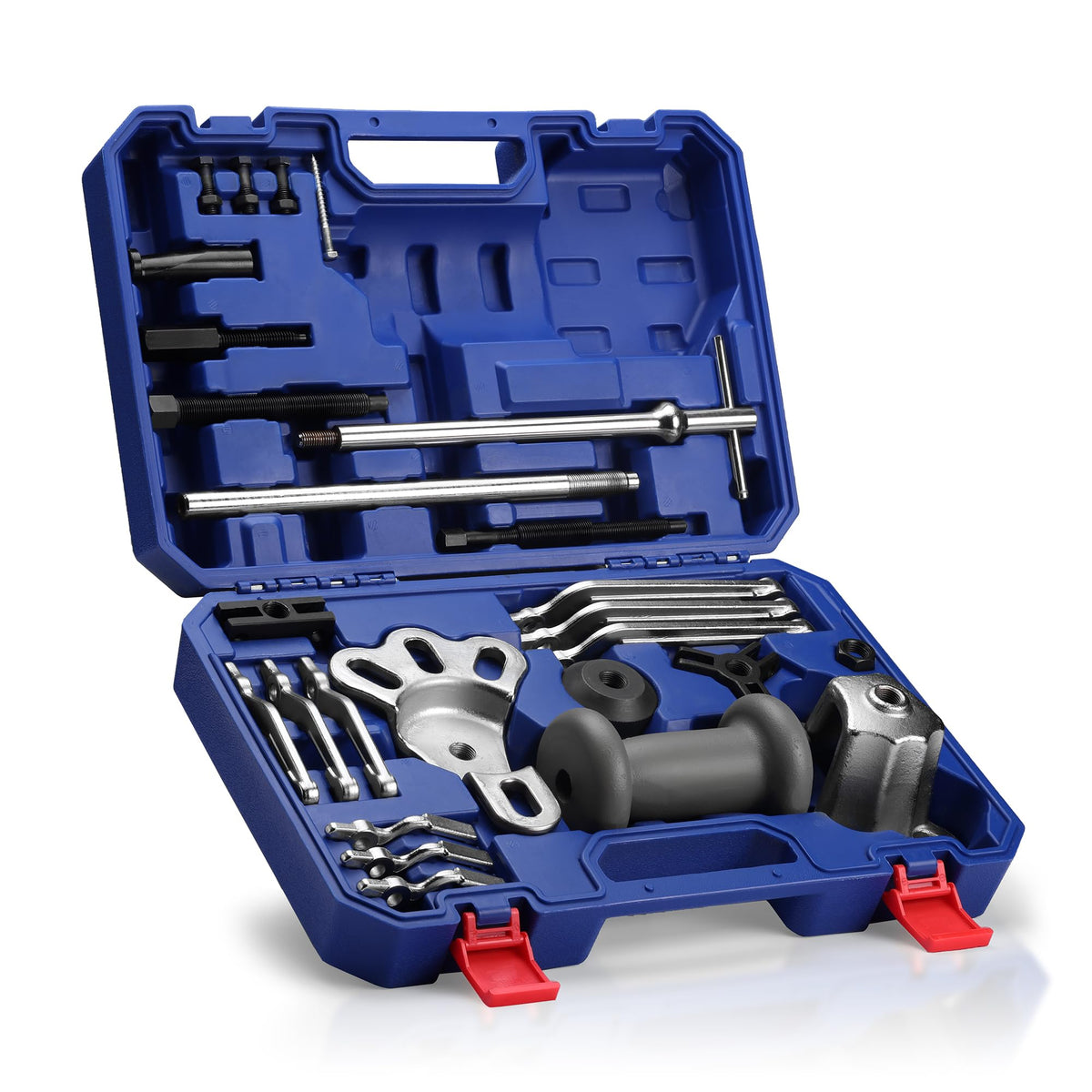 WORKPRO slide hammer kit front packaging showing complete 27-piece set and benefits