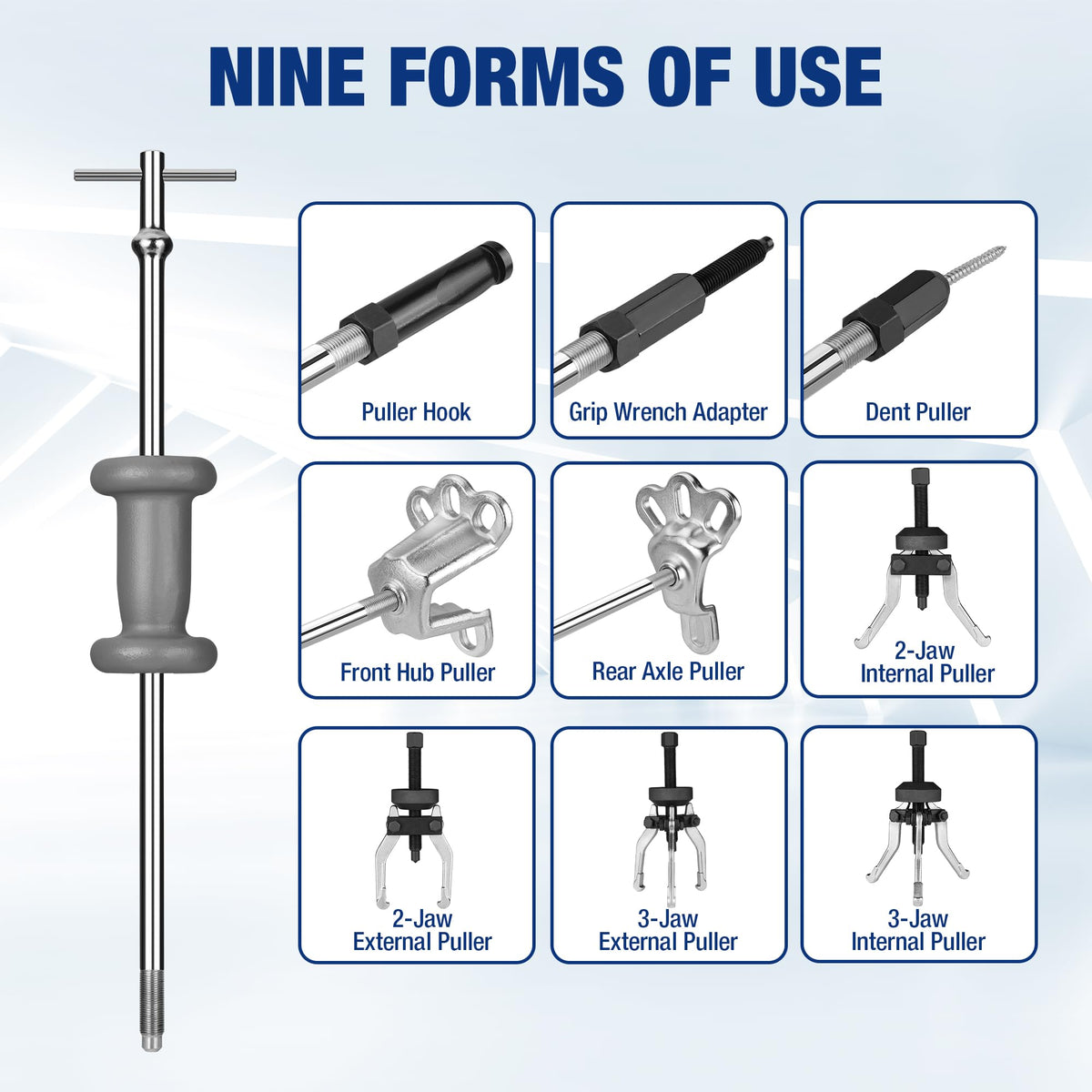 WORKPRO slide hammer body and shaft showing 5 lb powder-coated hammer for efficient pulls
