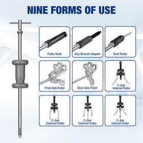 WORKPRO slide hammer body and shaft showing 5 lb powder-coated hammer for efficient pulls