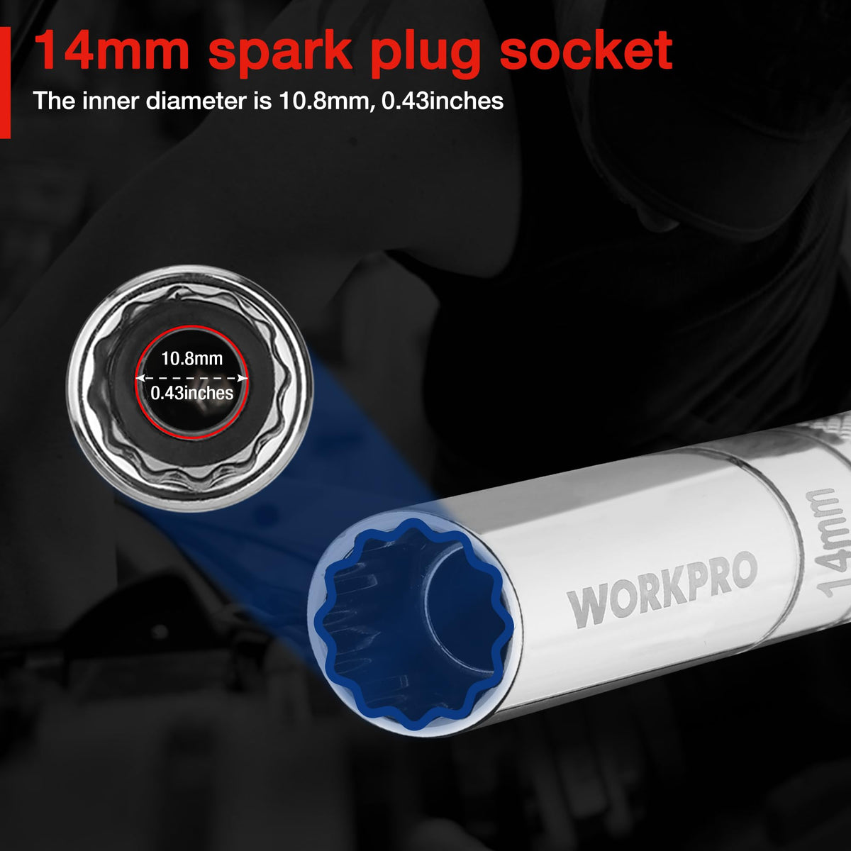 WORKPRO socket set at swivel angle accessing tight space, enhances flexibility