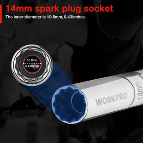 WORKPRO socket set at swivel angle accessing tight space, enhances flexibility