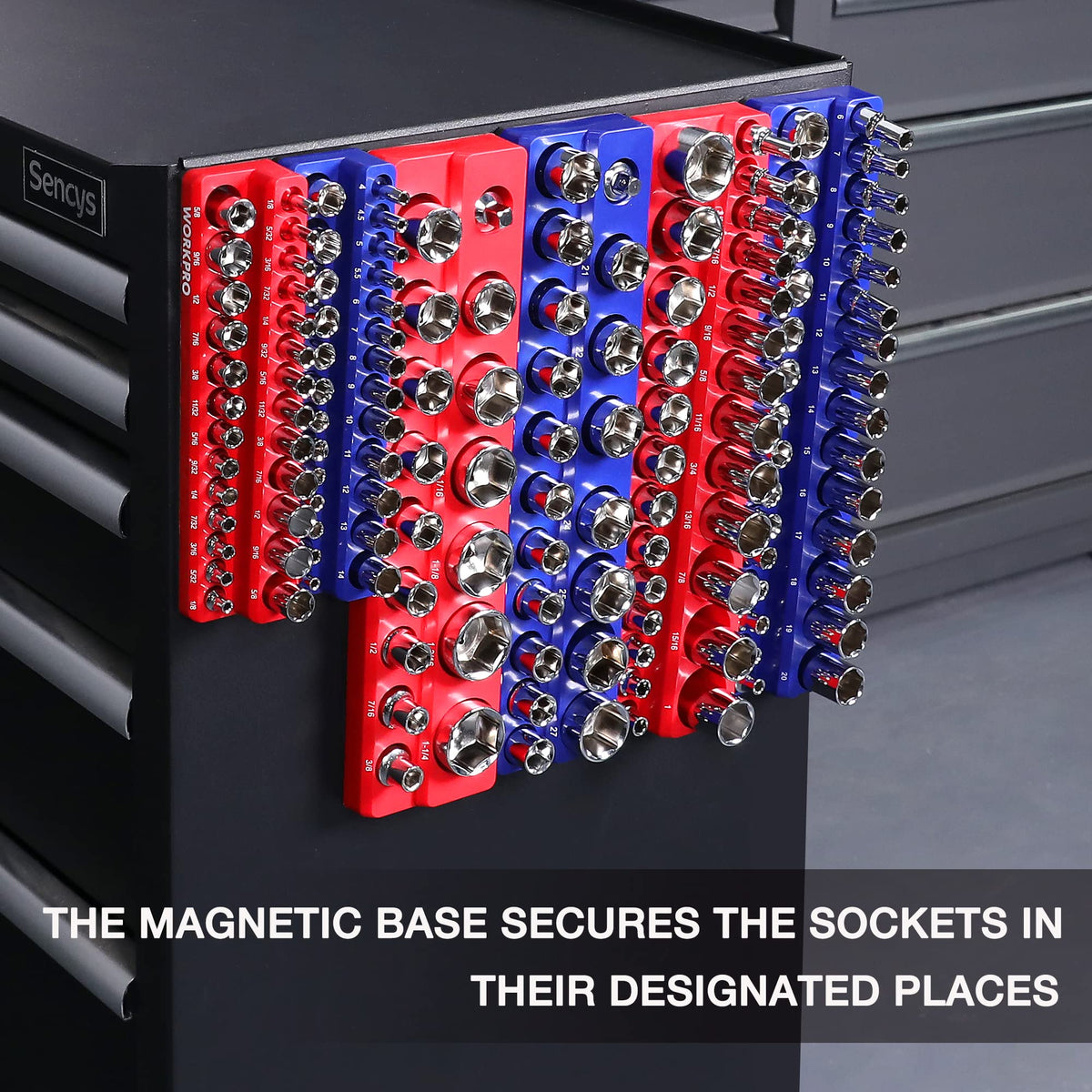 WORKPRO sockets seated in holders illustrating secure magnetic retention